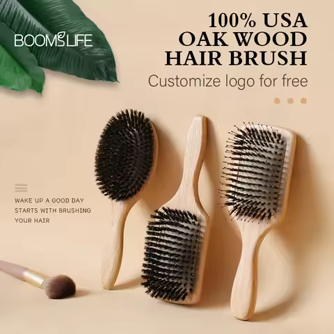 Boar Bristle HairBrush Wood Hair Brush Peine OAK Wood Combs for Women Barber Beauty Care Paddle Scal