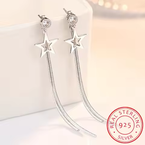 925 Sterling Silver Tassel Earrings For Women Zirconia Star Long Earrings Chain oorbellen Boucle d'o