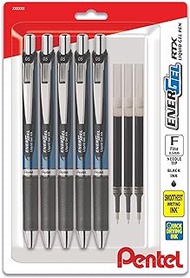 Pentel Energel Deluxe RTX 0.5 mm Needle Tip Pens - Retractable Liquid Gel Pen Set - Pack of 5 Black Pens with 3 Refills