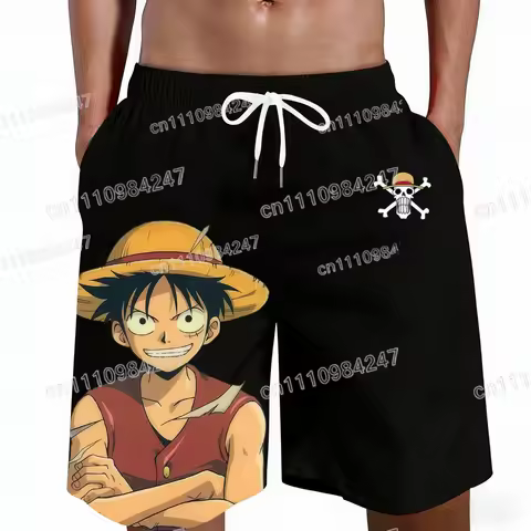 2026 Summer One Piece Luffy Straw Hat Pirates Print Beach Shorts Men's Casual Quick Dry Board Shorts