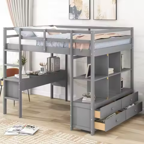 Full Size Loft Bed with Desk & Storage Cabinet, Wood Full Loft Bed Frame with Bookcase & Shelves, Mo