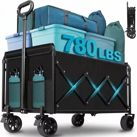 Heavy Duty Folding Garden Wagon 780LBS Capacity Collapsible Utility Cart with Adjustable Handle Port