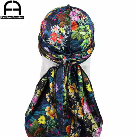 Custom Men's Print Velvet Durags Turban Hat Bandanas Headwear Floral Printed Men Velvet Durag Long S