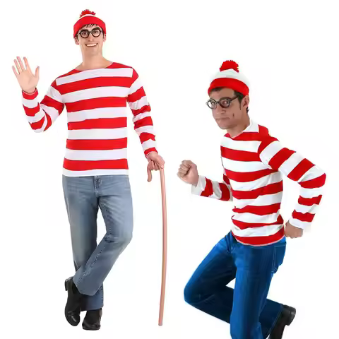 Book Week Cartoon Wheres Waldo Red White Striped Shirt Men Wally Round Glasses and Hat Costume Set H