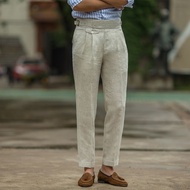 British Style Men Gurkha Linen Pant High Waist Straight Ankle-Length Pants Spring Summer High Qualit