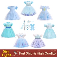Frozen Elsa Cinderella Princess Dress For Kids Girl Short Sleeve Blue Dresses Baby Casual Outfits Halloween Christmas Set