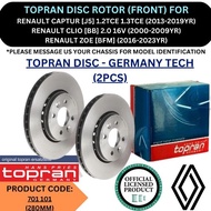 TOPRAN GERMANY DISC BRAKE ROTOR (FRONT) FOR RENAULT CAPTUR [J5] '13-19YR / CLIO [BB] '00-09YR / ZOE 