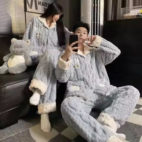 Couple Pajamas for Men Fleece Winter Sleepwear Korean Sleeping Night Wear Patchwork Pijama 2 Pcs Pan