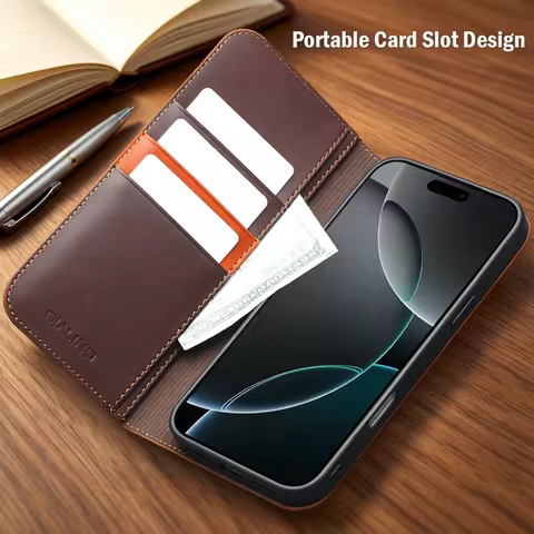 QIALINO Genuine Leather Case for iPhone 17 Pro Max Luxury Ultra Slim Handmade Wallet Card Slot Flip