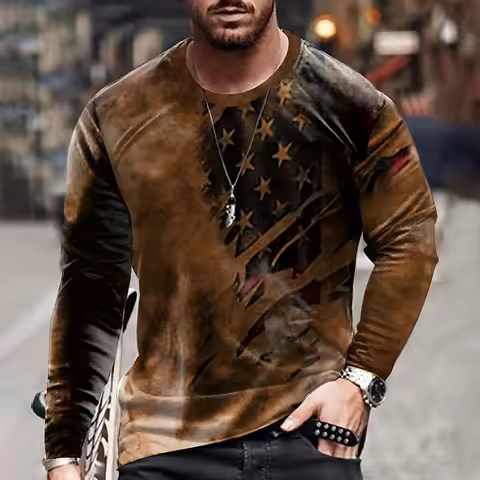 Vintage Men's T Shirt Long Sleeve Fall Tops Broken Flag Pattern 3D Printed War T Shirt Oversized Loo