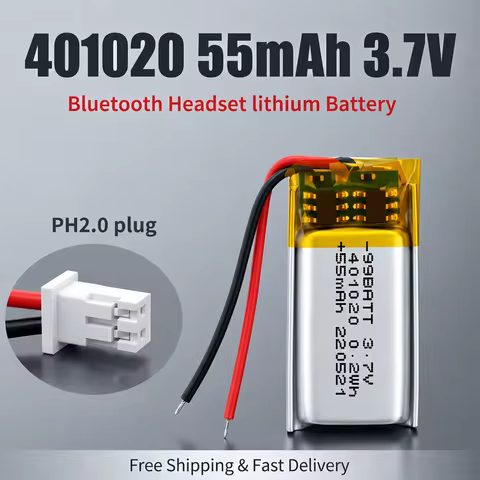 3.7V 55mAh 401020 Rechargeable Li-Polymer Battery for Wireless Bluetooth Headset, Mini Camera, and M