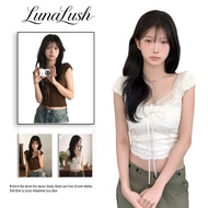LunaLush Square Neck Lace Crop Top With Small Sleeves Bow Tie In Front Pleated Fabric Tight Waist -6