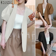 Rulfepy ZANZEA Women Korean Style Business Leisure V-Neck Coats Commute Lantern Short Sleeve Loose Solid Blazer #11