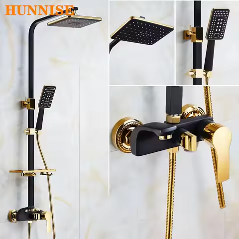 Black Gold Shower Set of Quality Brass Bathroom Faucet Hot Cold Bathtub Mixer Tap Rainfall Shower He