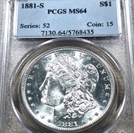 PCGS MS64【經典美系大洋】1881-S 美國摩根車輪原光銀幣｜舊藏白淨老品相 高狀態美洋 $1 Morgan Silver Dollar