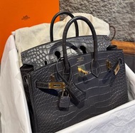 Hermes birkin25 88石墨灰  方塊鱷魚金扣 有票證