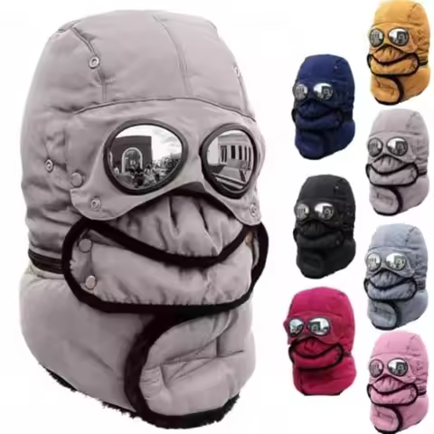Detachable Mask Winter Thermal Hat with Glasses Full Face Bomber Hats Thick Earflap Anti-Fog Beanies