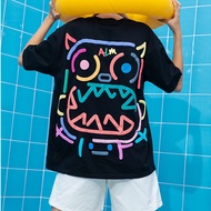 S-8XL National trend personality hip-hop print small monsters short-sleeved cotton t-shirts for men 