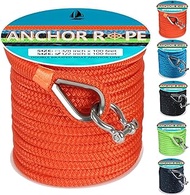 Anchor Rope 100 FT 1/2 in, Double Braided Anchor Line with 316 Stainless Steel Thimble & Shackle, Bo