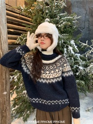 Áo Len Đỏ Dày Màu Khối PPHOME Christmas Night Vintage Heavyweight Color Block Diamond Pattern round