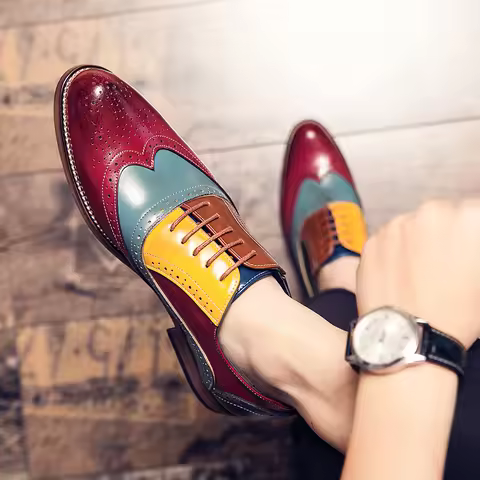 Men Vintage Block Shoes Red Brown Wooden Heel Lace up Business Office Dress Shoes Luxury Banquet Soc