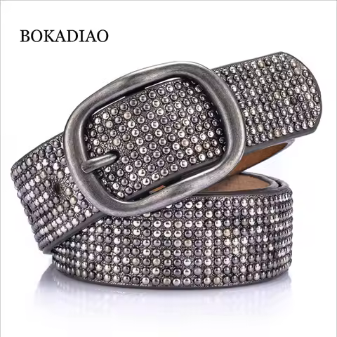 BOKADIAO Women Belt Fashion Punk Pin Buckle Vintage Rivets Luxury Lady's Original Leather Belts For 