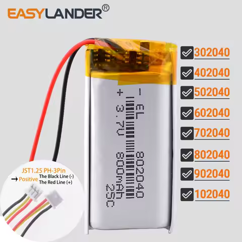 JST1.25mm 3Pin 702040 600mAh 652040 Lithium Lipo Li-ion Polymer Battery 302040 402040 502040 602040 
