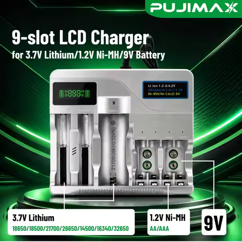 9-Slot LCD Universal Rechargeable Battery Charger Compatible with 3.7V Lithium 18650 21700 26650 326