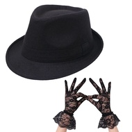 Simplicity Unisex Black Fedora Hat Black Lace Gloves