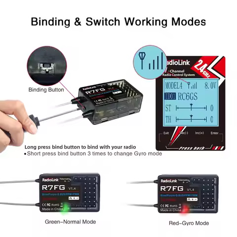 Radiolink R7FG 7 Channle 2.4G Gyro RC Receiver Car Voltage Transmission Telemetry 600m Long Range RX