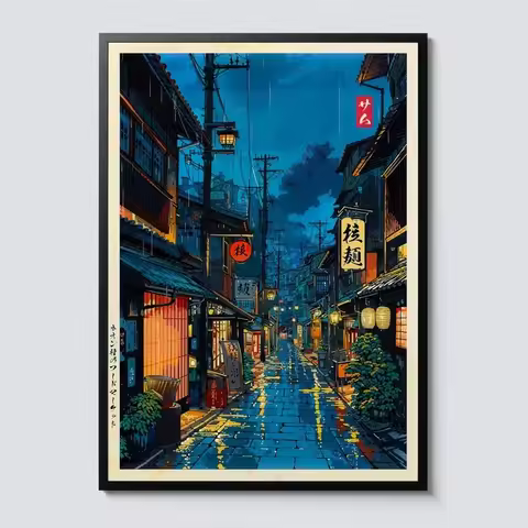Japanese Tokyo Teahouse Cartoon Canvas Print Anime City Street Cafe Scene Wall Art Poster for Modern