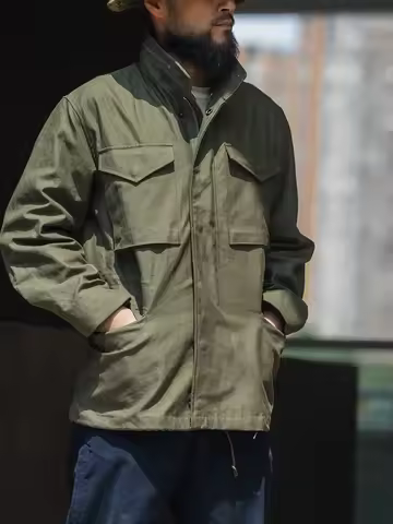 Rugged Bronson M-65 Field Jacket Vintage Mens Heavy-Duty Trench Coat Army Green