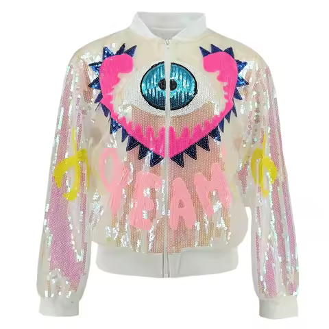 Bling Eye Letter Sequin Women Jacket Hip Hop Juniors Colorful Baseball Bomber Jacket Cartoon Outwear