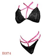 B374 - Transparent Black Bralette Bra Set Magenta Strap Panties