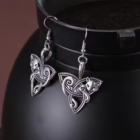 VASSAGO Viking Fox Triquetra Fenrir Animal Pendant Drop Earring for Women Men Fashion Jewelry Supern