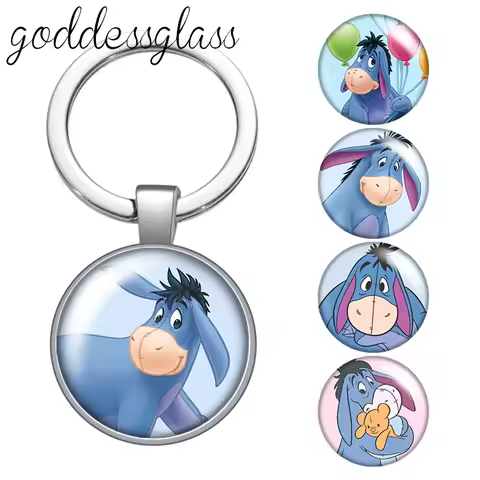 Pooh Friends eeyore Cute donkey glass cabochon keychain Bag Car key chain Ring Holder Charms keychai