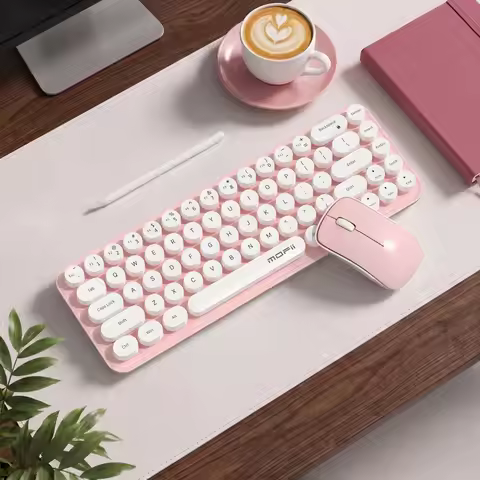 MOFII Idol Pink Wireless Keyboard & Mouse Combo, Retro Round Keycaps, Compact Office Set for Girls, 