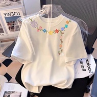 【Harga Murah】T-shirt Trendy Baju Lelaki dan Perempuan Batang bunga dan sulur-Kain Kolar Oversize-Kas