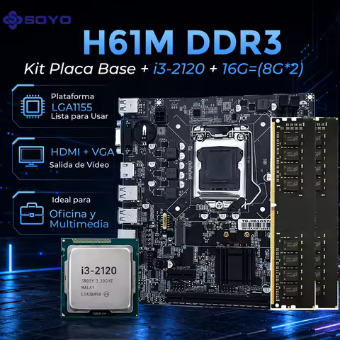 Soyo Intel H61M Lga 1155 Motherboard Cpu I3-2120+16Gb Ram=(8Gb *2) Ddr3 1600Mhz Complete Kit with Mi
