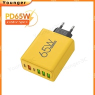65W Fast Wall Charger 6 Port Phone Adopter Charger 4USB+2PD Power Charging Adapter For ios Micro Typ