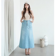 C5X Jeans - Mireya Denim Jeans Skirt with 4 Buttons / Women's long stretch jeans skirt in Light Blue