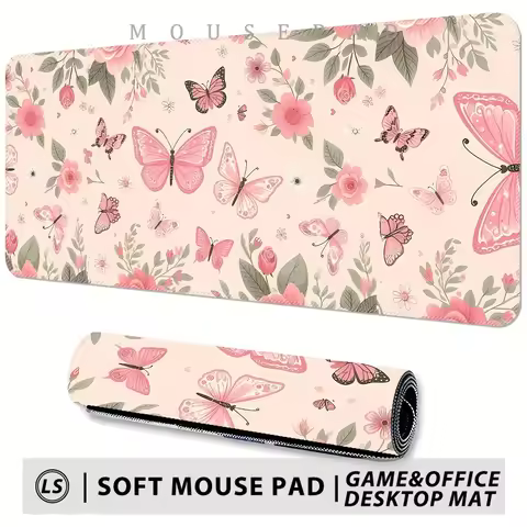 Large Extended Gaming Mouse Pad Floral and Butterfly Design Washable Non-Slip Rubber Desk Mat with E