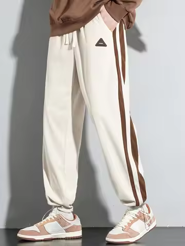 2026 Summer Men's Soft Waffle Knit Loose Pants Beige Brown Double Stripe Drawstring Elastic Cuff Cas