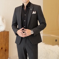 2PCS Male Suit Set Striped 2026 Trendy Youth Class Dress Office Work Formal Evening Dinner Blazer Fo