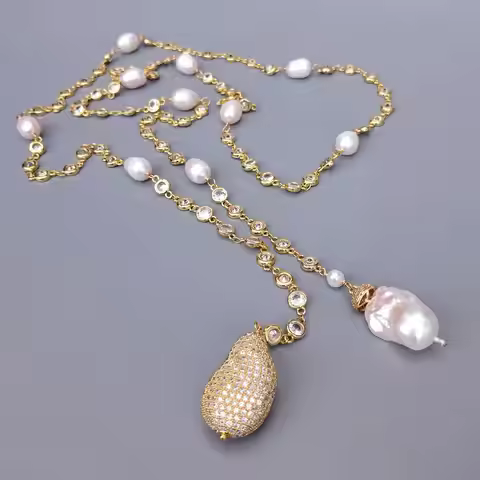 Y·YING 47" White Baroque Pearl Cz Pave Rosary Chain Long Necklace