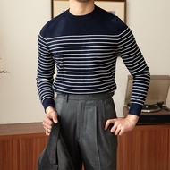 Mr. Lusan Retro Navy-Striped Shirt Casual Daily round Neck Pullover Wool Knitted Bottoming Shirt Fashion Sweater Trendy Men