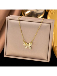 1 ชิ้น สร้อยคอจี้โบว์ เหล็กไททาเนียม 18K สีทอง, สายคอกระดูกไหปลาร้าหวานสดใหส, เครื่องประดับอเนกประสง