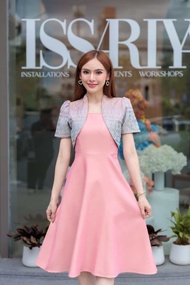 N690ชุดเดรสผ้าทอลาย คอปีน แต่งกั๊ก กระโปรงบานทรงย้วย 8 ชิ้น