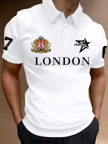 Men's British Light Luxury Style "Lion" Printed Short Sleeved Polo Shirt for Casual Daily Wear
