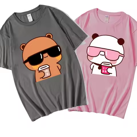 Couple Shirt Bubu Is Watching Movie with Dudu T-Shirts Cartoon Cute Graphic Tshirt Women Kawaii Y2k 